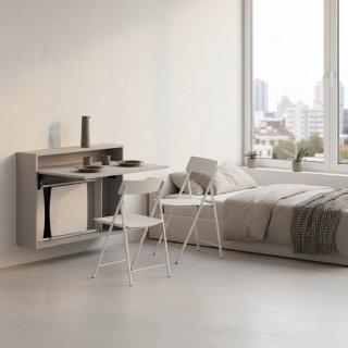 Table/bureau mural pliant BUREAU gris tourterelle avec 3 chaises ZETA blanches incluses